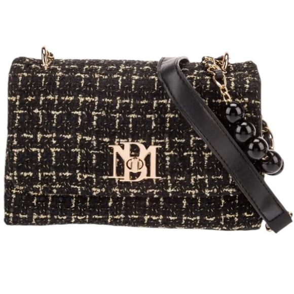 BADGLEY MISCHKA Bouclé Black Gold Tweed Shoulder Bag Pearl Accent Strap NWT - Picture 1 of 6